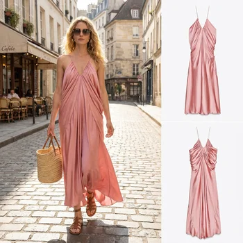 Summer New Women's Long Silk Satin Gown V-ne Pleated Decorative Straight Hem High Waist A-line Dr Commute Sle 1