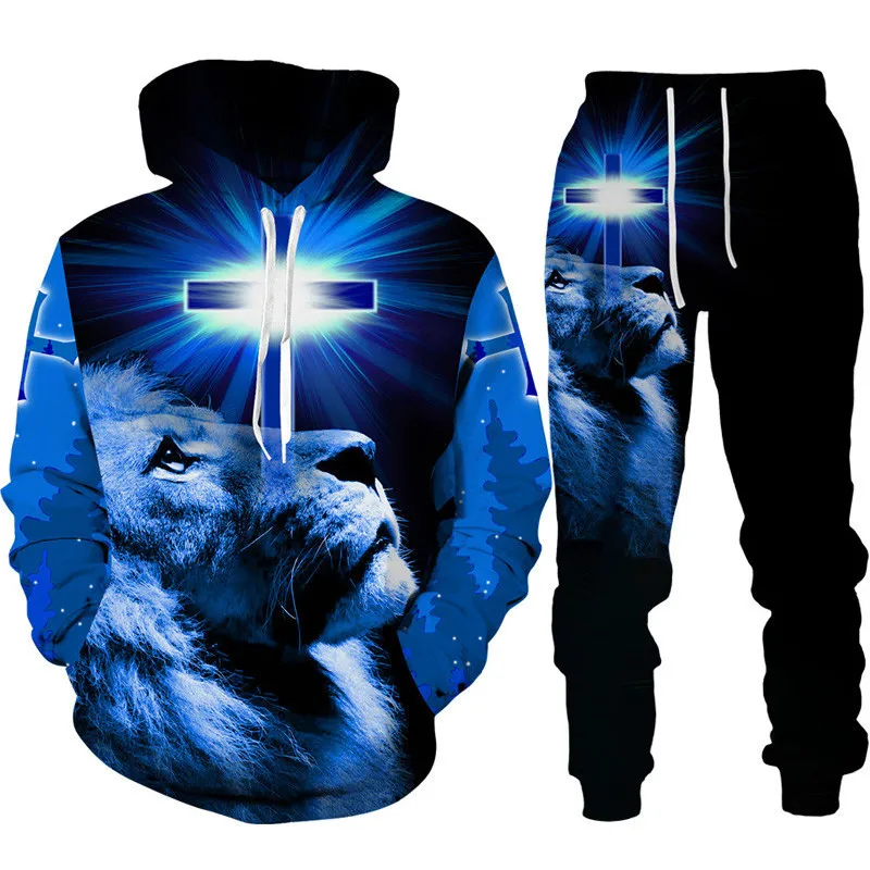 

Two sets of Christian Bible Belief Jesus God Men's Hoodieset Cool 3d Lion version street clothes Couple jogging Sportswear