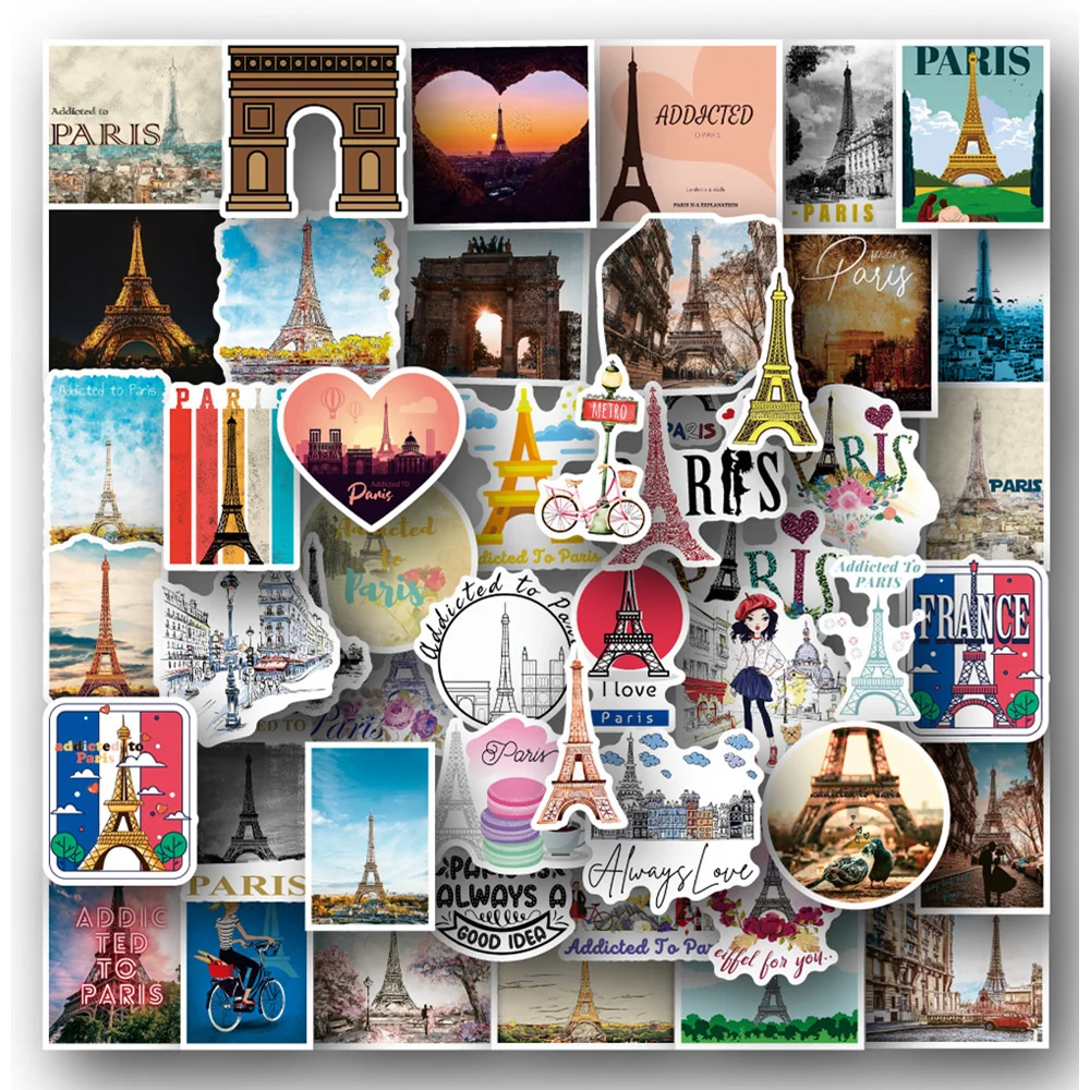

50pcs France Paris Eiffel Tower Stickers For Guitar Stationery Craft Supplies Aesthetic Sticker Vintage Scrapbooking Material
