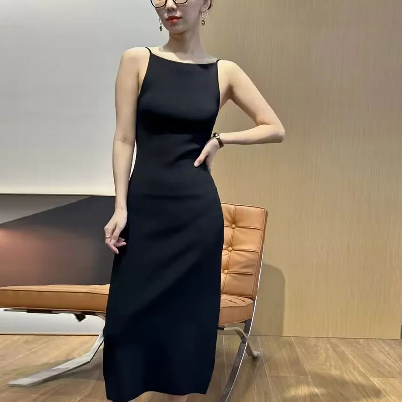 

Slash Neck Mulberry Silk Knitting Sleeveless Dress Summer New Women's Camisole Solid Elegant Fashion Sexyl Long One-piece Skirt