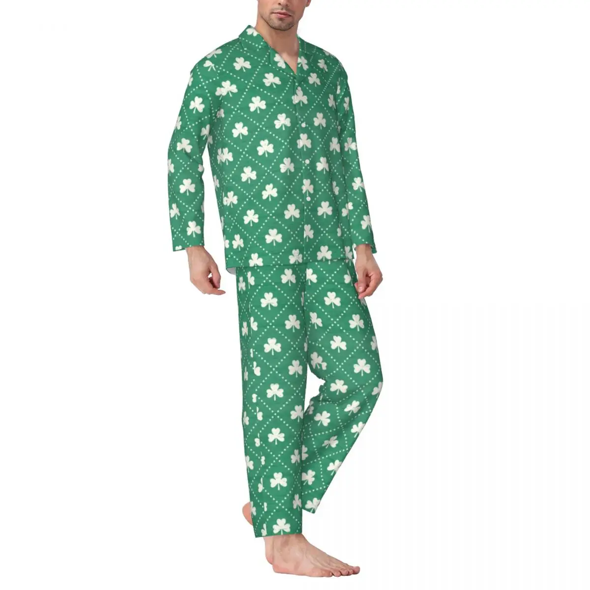 

St Patricks Day Pajama Sets Autumn Shamrock On Emerald Bedroom Sleepwear Unisex 2 Piece Casual Loose Oversized Graphic Nightwear