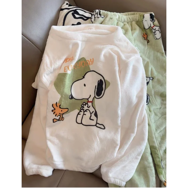 

Cute Snoopy Female Korean Style Fun Cartoon Pattern Printed Round Neck Long Sleeve Trousers Comfortable Flannel Home Clothes Set