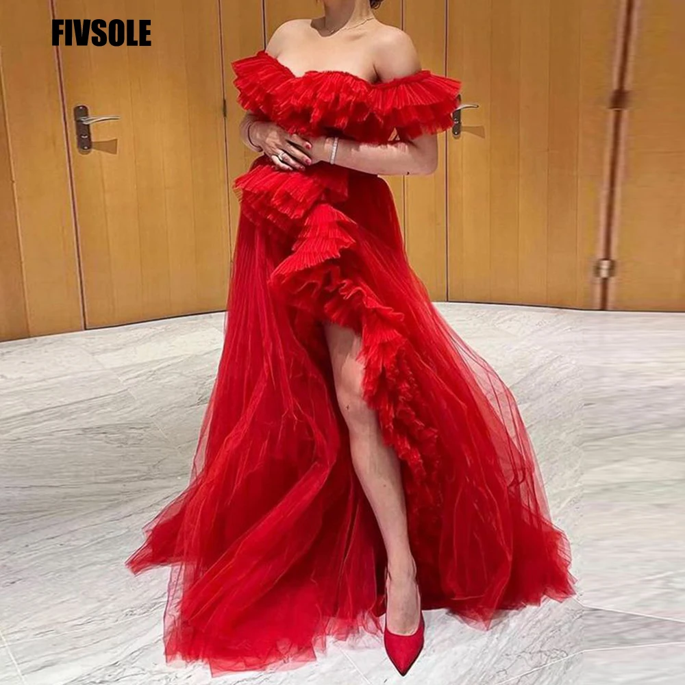 

Fivsole Red Prom Dresses Strapless 2023 Ruched Tiered Tulle Sexy Side Split Vestidos De Ocasión Formales Sukienki Wizytowe