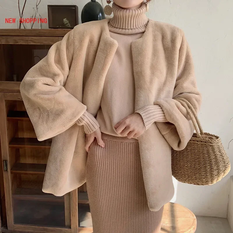 New Elegant Khaki Winter Warm Rabbit Fur Coats Women Faux Fur Coat Streetwear Autumn Faux Mink Fur Jacket Female Party Overcoat
