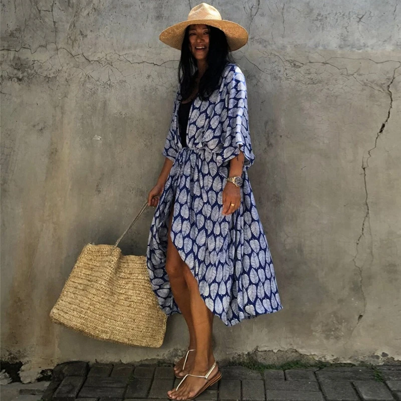 Flowerdevida-여성용 여름 가디건, 루즈한 수영복 커버, 벨트 기모노 슬리브, 홀리데이 보호 비키니 커버 업