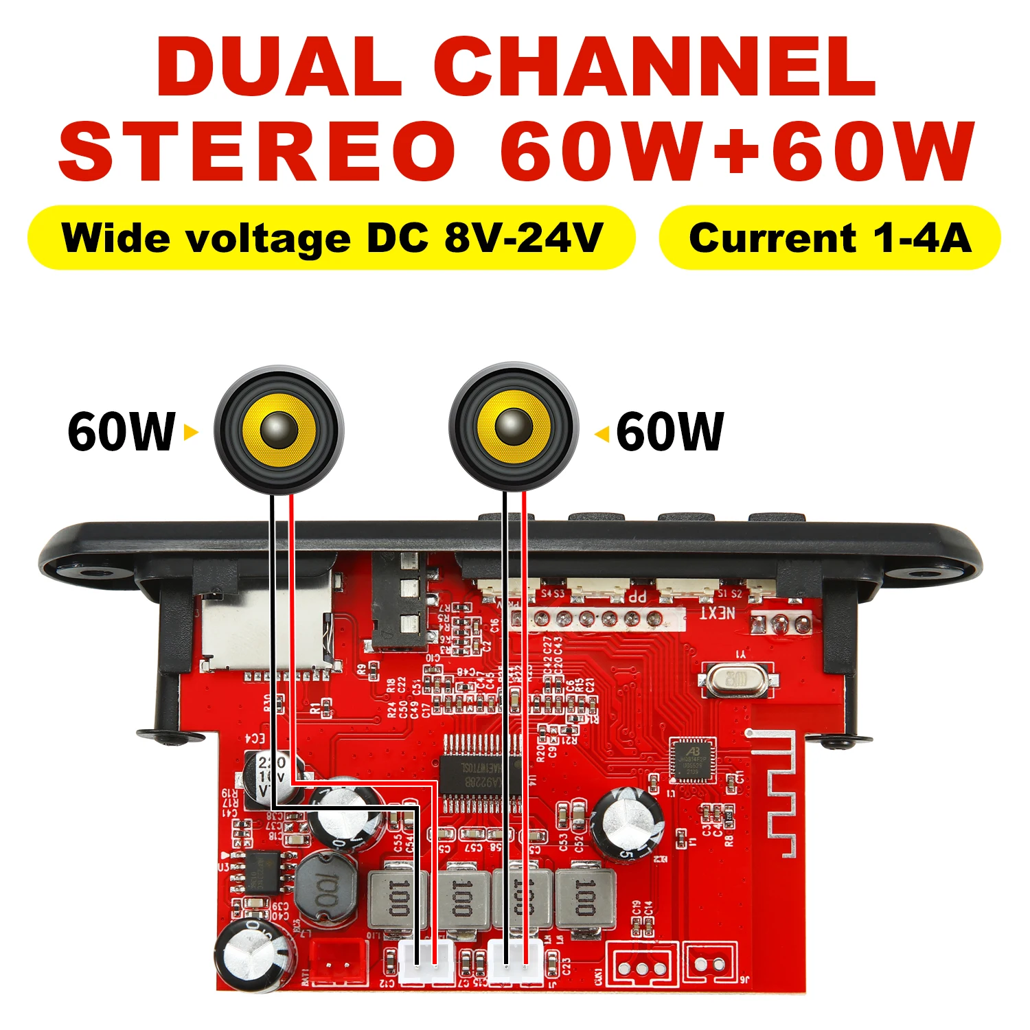 Amplificador con Bluetooth 5,0 para coche, placa decodificadora de MP3, WAV, CC de 12V, inalámbrico, USB, reproductor MP3, ranura para tarjeta TF, USB, FM con micrófono, 60W, 50W