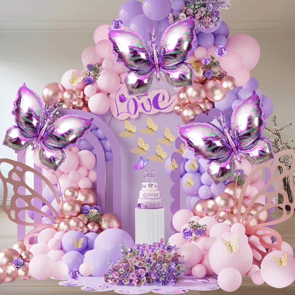 166Pc Mariposa Balón Set de Guirnalda Arco Morado Mariposa Niña Cumpleaños  Suministros de Fiesta Macar Rosa Babysitter Decoración de Casamiento, image size:1000x1000