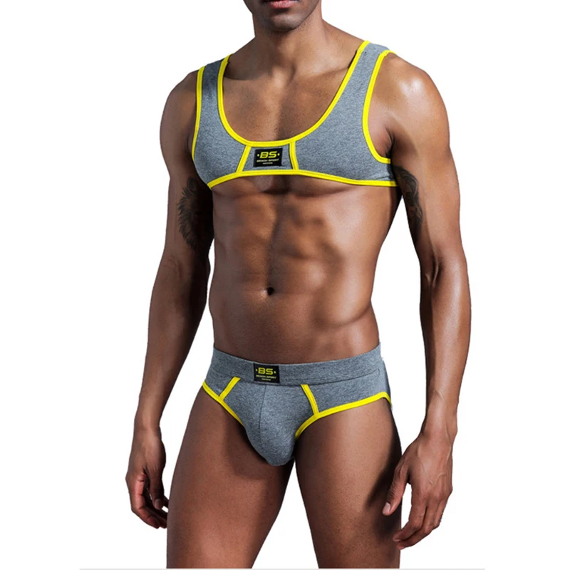 Men Undershirts Sets Sexy Chest Muscle Harness Tops Briefs Sport Fitness Running Gym Suits Quick Dry Swim Sportswear Plus Size