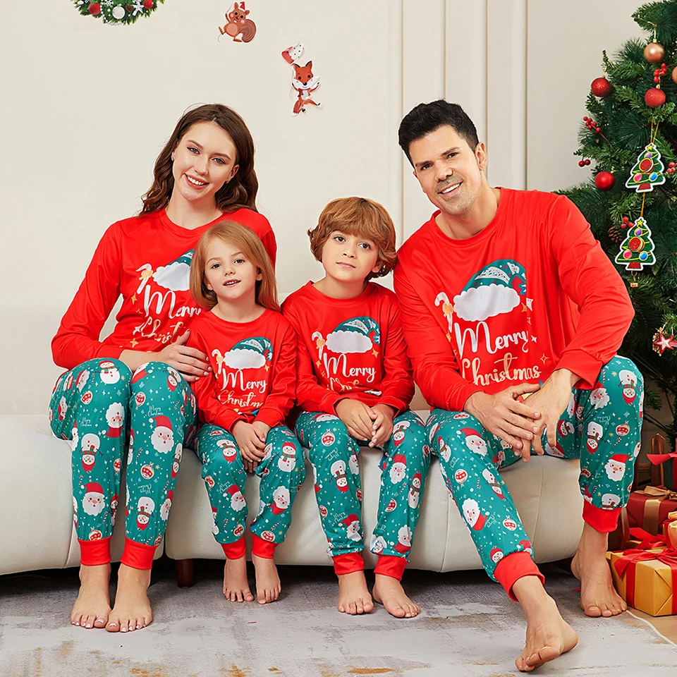 Fashion Cotton Family Matching Christmas Pajamas Santa Claus Father Mother Kids Baby Children's Letter Print T-shirt Pants Sets 2