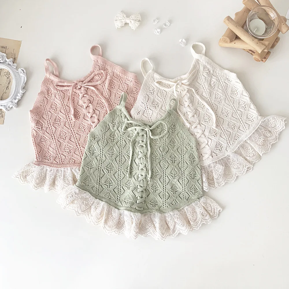 

deer jonmi 2023 Summer Korean Style Toddlers Kids Knitted Hollow Out Vests Lace Patchwork Baby Girls Princess Suspenders Tops