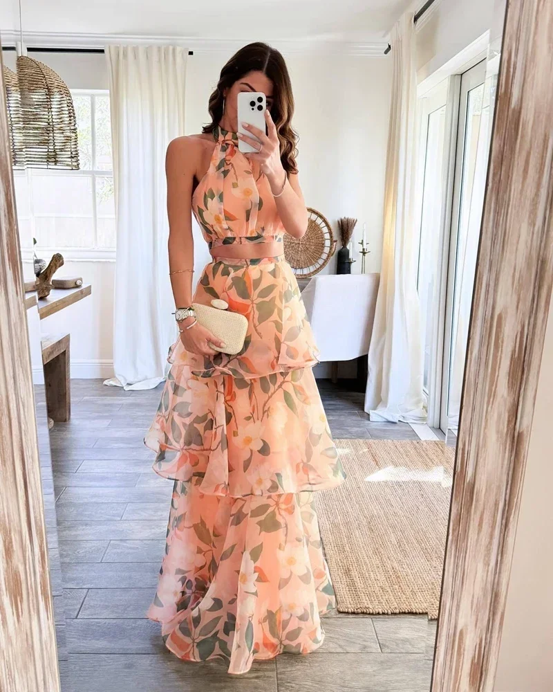 Ruffle Organza 2 Piece Set Women Outfits Sleeveless Crop Top and Long Maxi Skirts Sets 2024 New Summer Club Party Suits