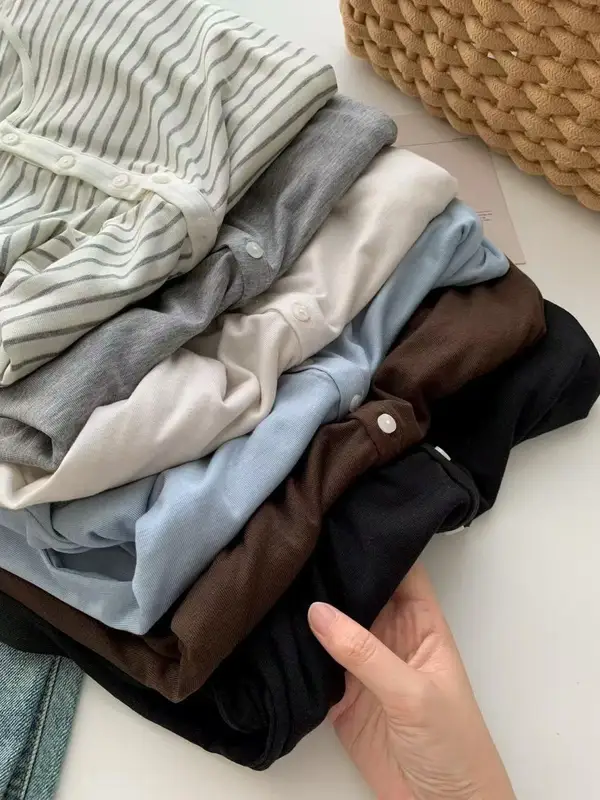 Silk Wool Basic Shirt Round Button Neck Slim Knitwear, Solid Color Striped...