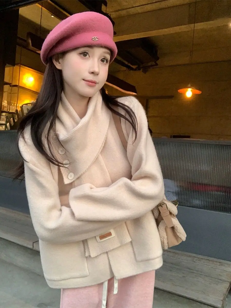 Short Jacket Scarf Collar Casual Knitted Cardigan Women'S Winter Loose Long-Sleeved Short Sweater Coat Fashion Female Clothes