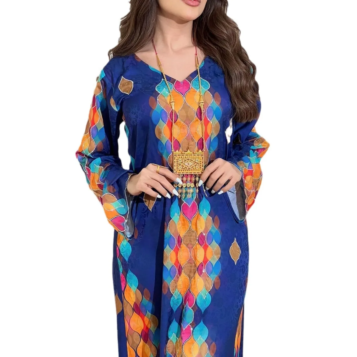 Muslim Print Diamond V-neck Long Dress Dubai Turkish Casual Women Gown  African Elegant Long Sleeved Abaya Ramadan Femme Clothing