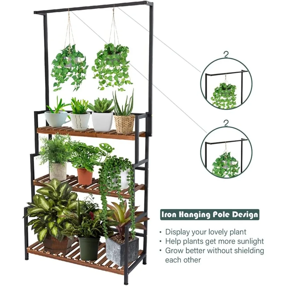 ULIKE Plant Stand Outdoor Indoor Hanging Plant Shelf for Multiple Plants 3 Tier Tall Stand Wood Rack with Metal Frame for