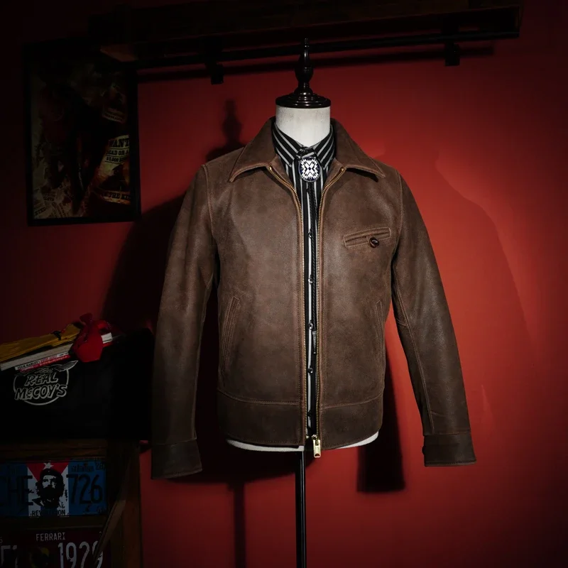 

Depp's 1940s LVC Thick and Repetitive Ancient Tea Core Goat Leather Straight Pull Collar American Leather Jacket for Men