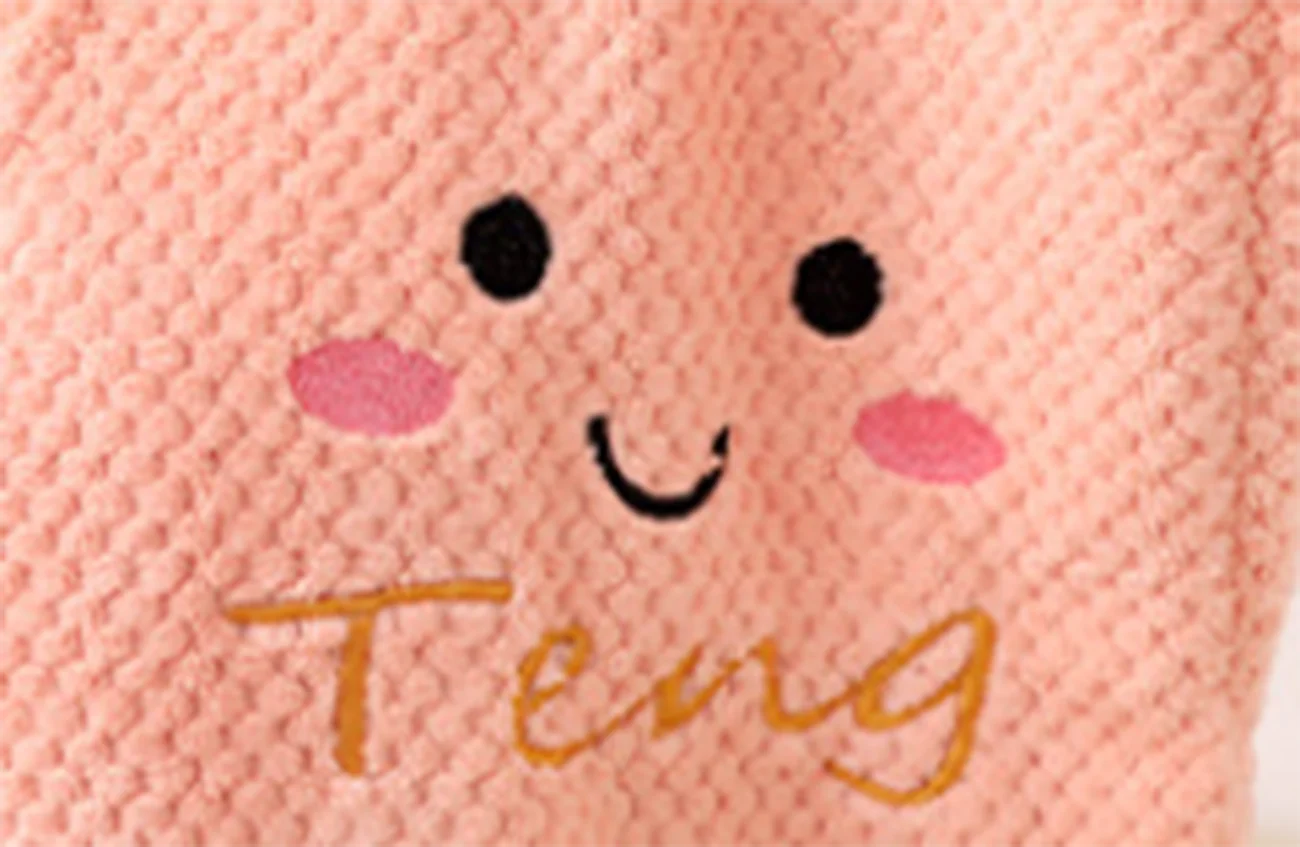 Long Comfortable Quick-Dry Cute Bathrobe Towel Dry Hair Cap Three-Piece Set With Smile And Letter Pattern Print Pink Purple