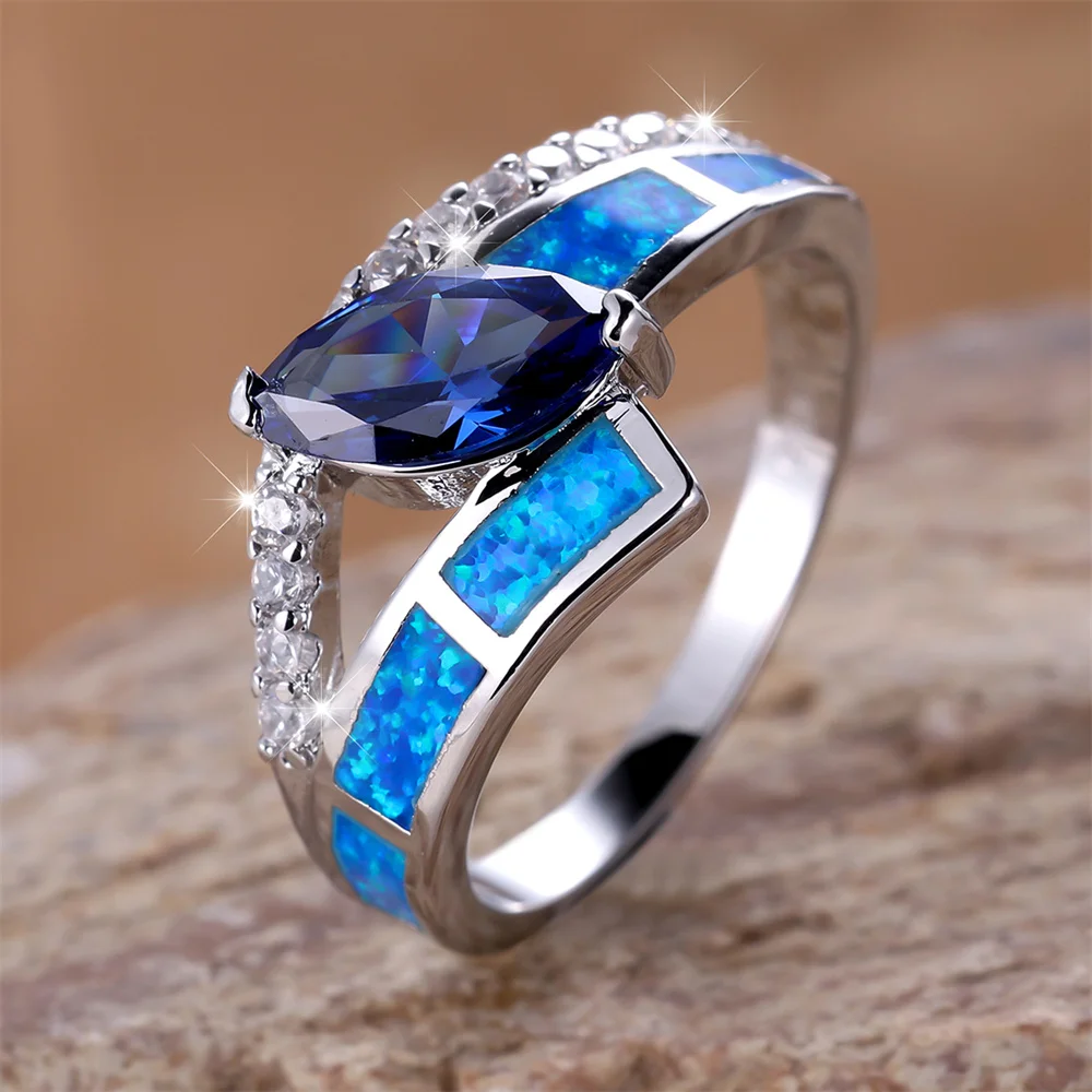 Blue Opal Geometric Crystal Marquise Stone Rings For Women Vintage Silver Color Wedding Band Engagement Jewelry Birthday Gifts