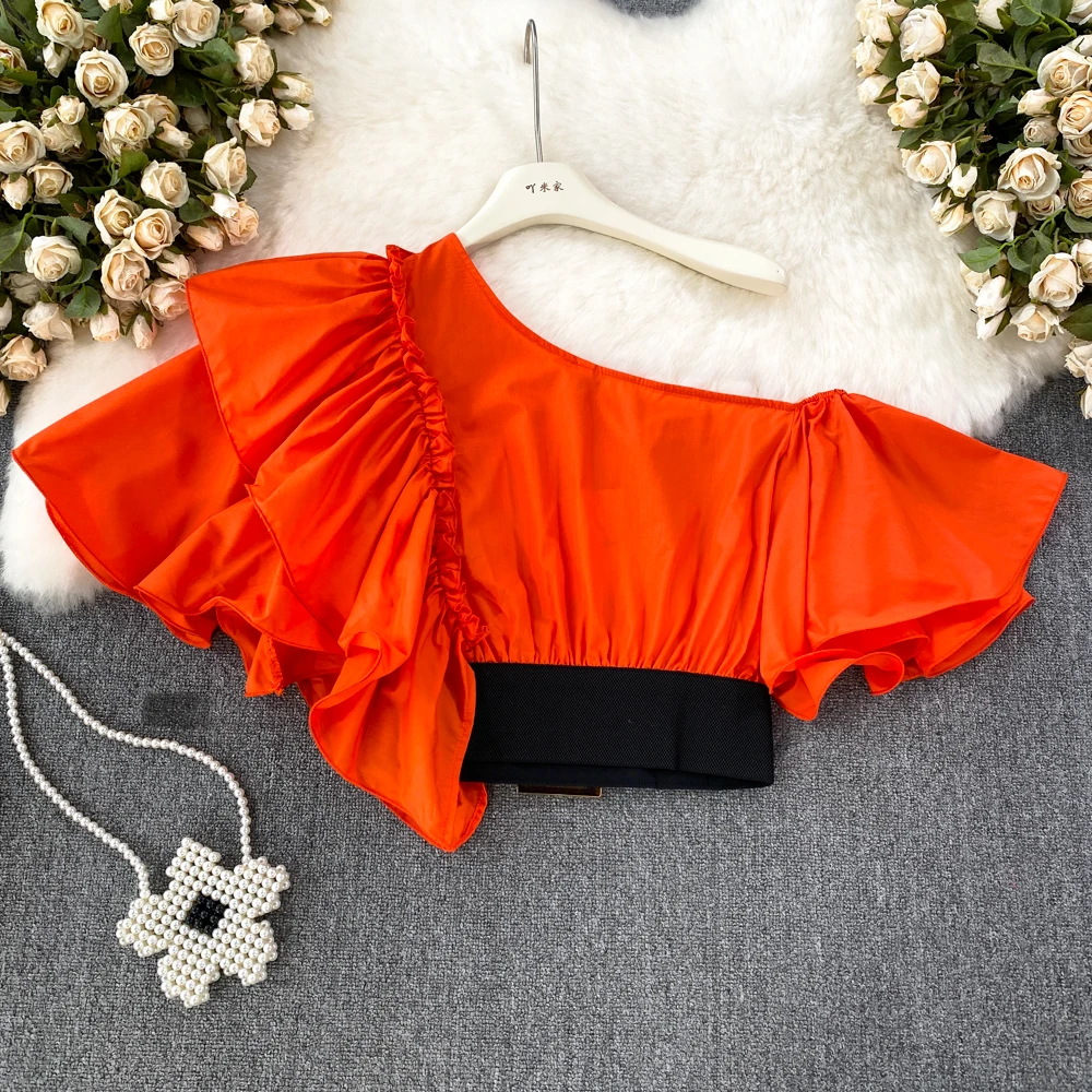 French Chic Womens Tops Off Shoulder Puff Sleeve Ruffles Belted