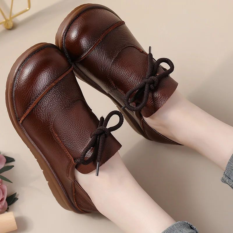 Xiuteng Genuine Leather Handmade Flat Shoes Platform Round Toe Thick Soled Retro Totem Comfortable Lady Lace Shoes