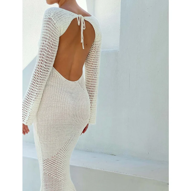 Hollow Out Knit See-Through Maxi Dress Female Patchwork Backless Lace-Up Slim Fashion Beach Holiday Knitwear Women Dress