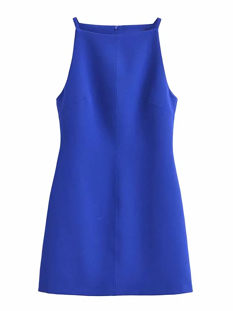 

Women's New Fashion Thread Cutting Decoration Slim Fit Straight Neck Mini Dress Retro Sleeveless Back Zipper Women's Dress Mujer