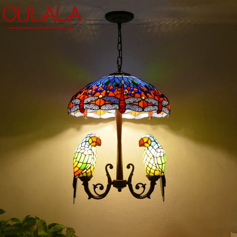 

OULALA Tiffany Parrot Chandelier Vintage Creative Color Glass Living Room restaurant Bedroom Hotel Corridor Pendant Lamp