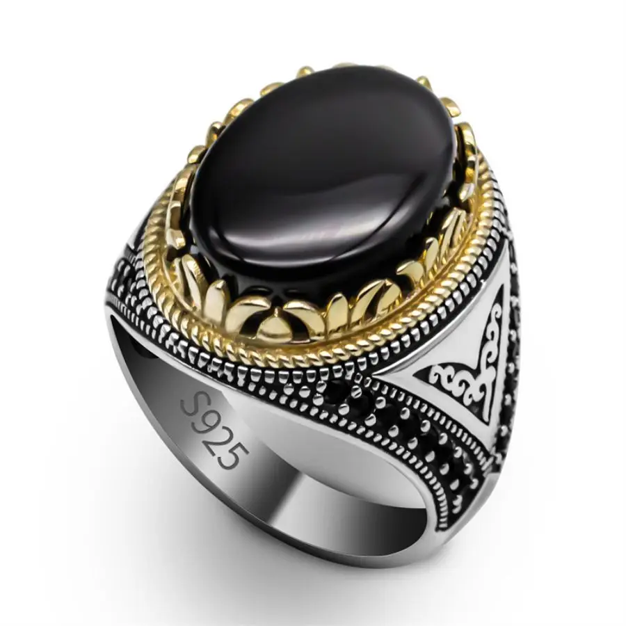 

Wholesale Real 925 Sterling Silver Mens Ring Oval Black Onyx Stone Jewelry Gift Silver Hand Wedding Agate Hand Made Ring