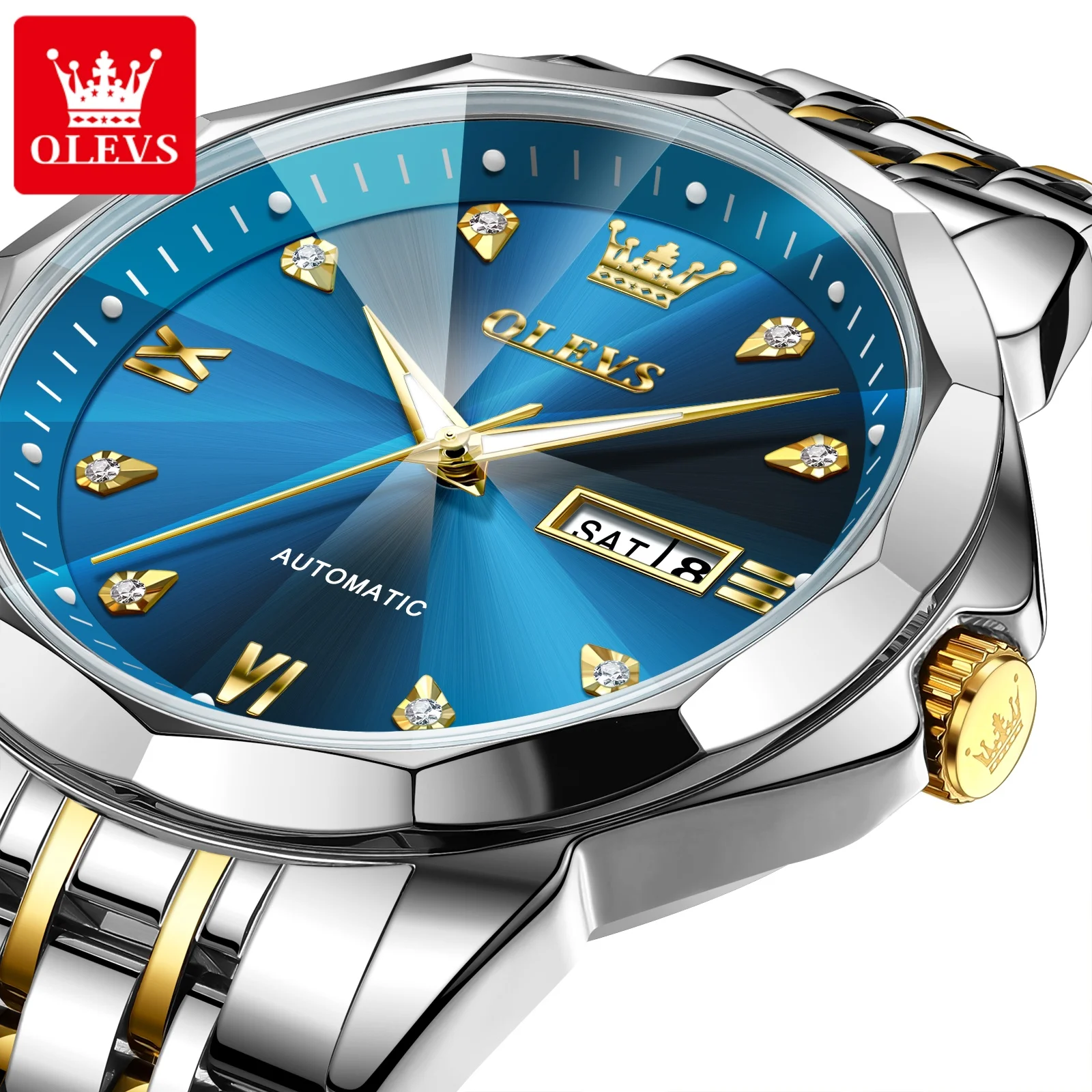 OLEVS 9982 Watch For Men Fashion Dual Calendar Mechanical Man Watch Rhombus Mirror Luxury Waterproof Luminous Dress Wristwatch