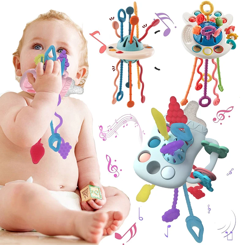 Montessori Toys for Babies 6-12 Months Baby Silicon Sensory Travel Pull  String Teething Toys for 3-6 Months 1 Year Old Hang on Stroller Crib Car  Seat