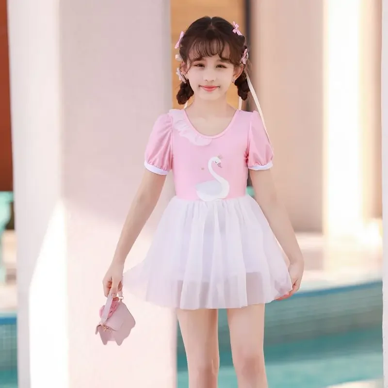 

One Piece Swimsuit for Children, Cute Swan Lace Skirt, Hot Spring Swimwear for 3 to 6 Years Kids, Pink, Baby Girl, New