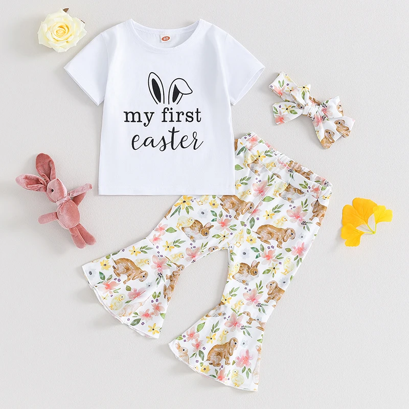 

Listenwind Toddler Girls Easter Pants Sets Short Sleeve Letter Print Tops Floral Bunny Print Flared Pants Headband Sets