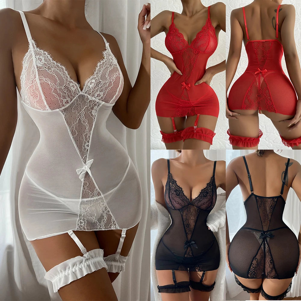 

Sexy Lingerie Nightwear Babydoll Women Erotic Lace Underwear Bodysuit Garter Belt Sleepwear Hollow Out Mesh Nightdress