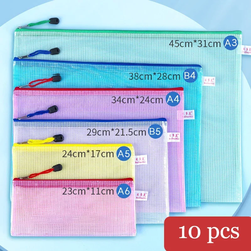 

10pcs A5 Mesh Zipper Pouch Document Bag Waterproof Zip File Folders School Office Supplies Pencil Case Storage Bags Organizer