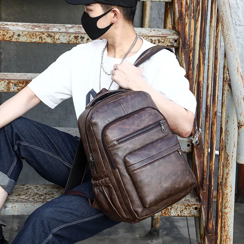 High Quality USB Charging Backpack Men PU Leather Bagpack Large Laptop Backpacks Male Schoolbag for Teenagers Boys Wholesale