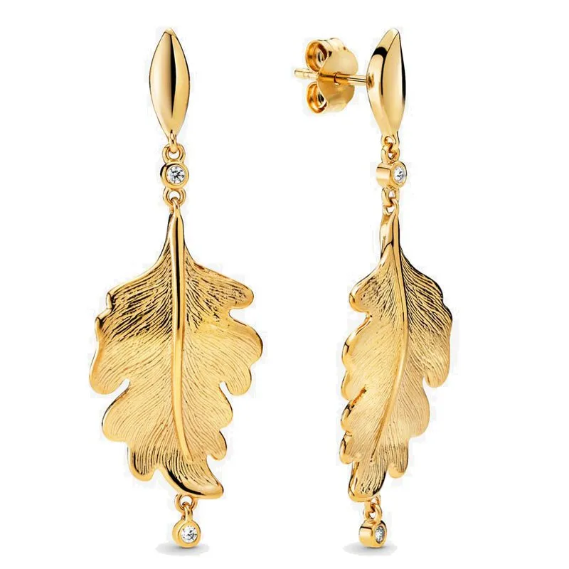 

Original Sparkling Golden Shine Oak Leaf Stud Earrings For Women 925 Sterling Silver Wedding Gift Fashion Jewelry