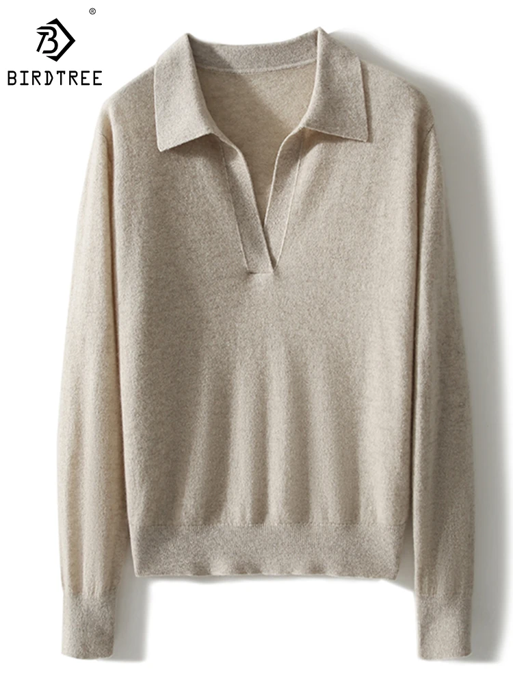 

Birdtree 100%Cashmere Pullover Sweater French Lapel Solid Color Comfortable Versatile Soft Commute Sweater Fall Winter T3N328QD