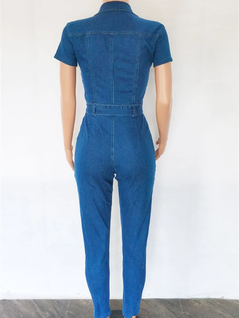 Cowboy Jeans Jumpsuits for Women Spring Summer Clothes Short Sleeve Zipper Up Bodycon Long Romper Casual Denim Jumpsuit Overalls