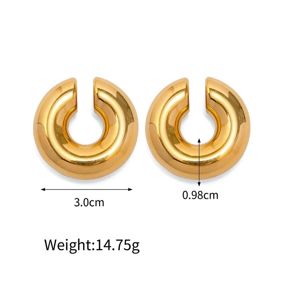 Trend Women Stainless Steel Chunky No Piercing Ear Clip PVD Round Tube C-Shaped Earclips Ear Cuff Smooth Ear Hoop Huggie Earring