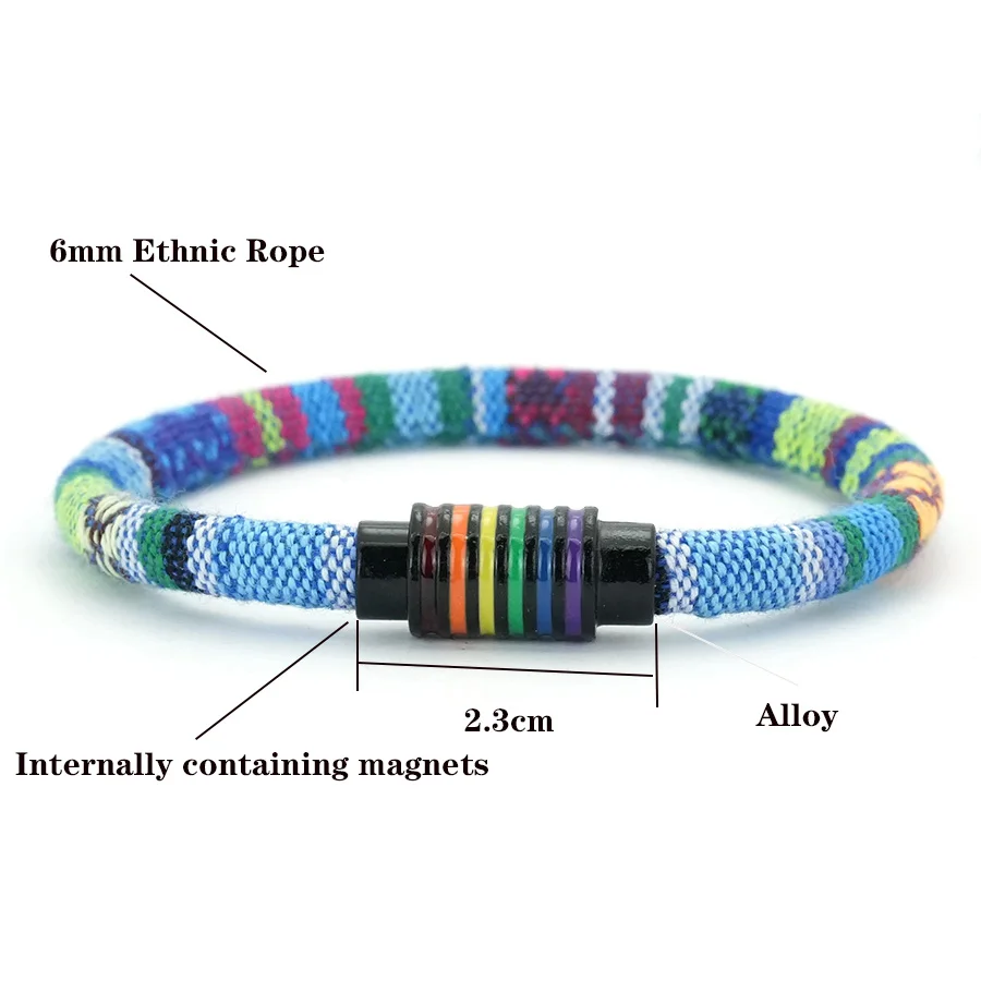 Rainbow Color Fabric Rope Bracelet with Magnet Buckle for Men and Women