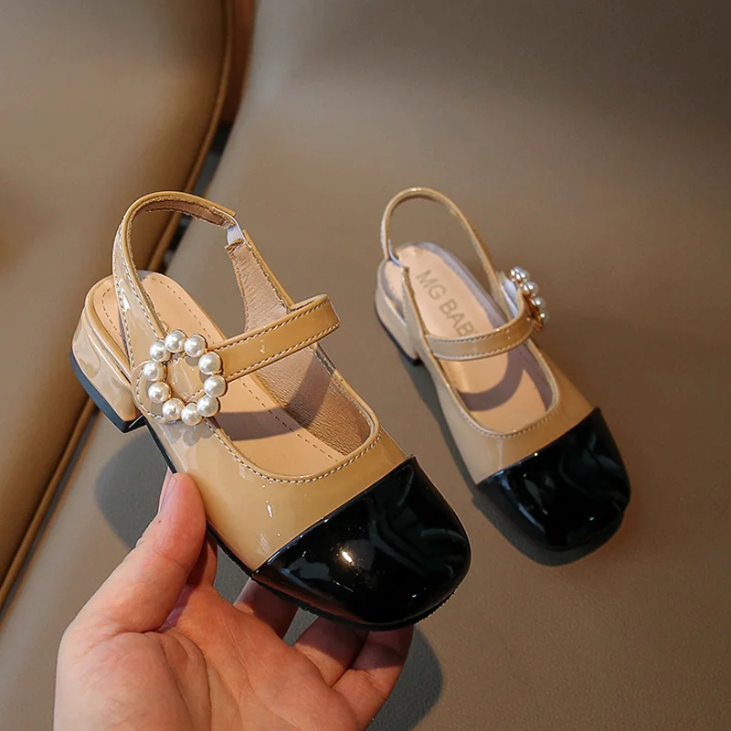 Patent Leatherette Heeled Slingback Sandals for Girl Elegant Wedding Party Shoes Kids Luxury Pearl Buckle Brand Design Sandalias 2