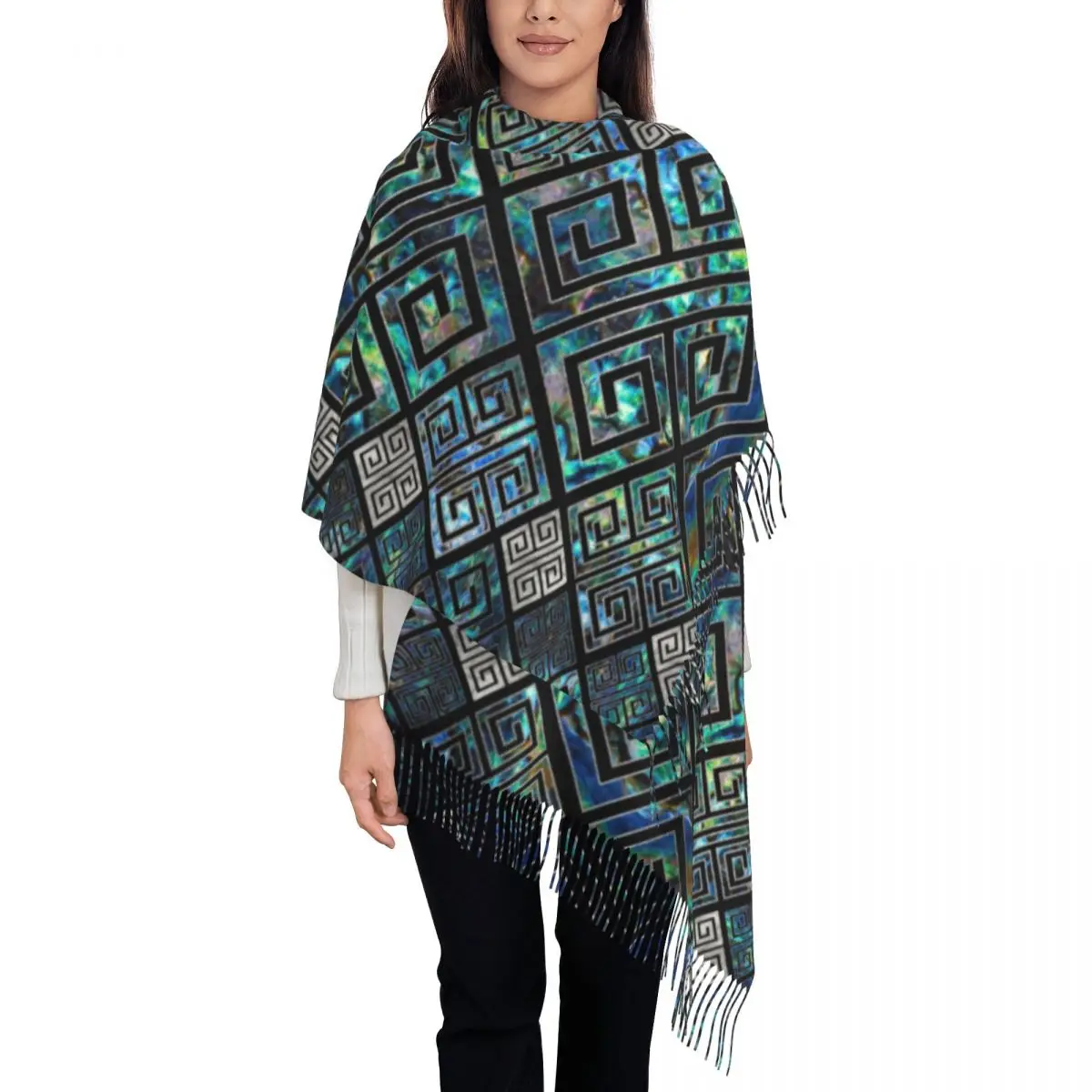 

Lady Long Greek Meander Pattern Scarves Women Winter Soft Warm Tassel Shawl Wrap Greek Key Ornament Scarf