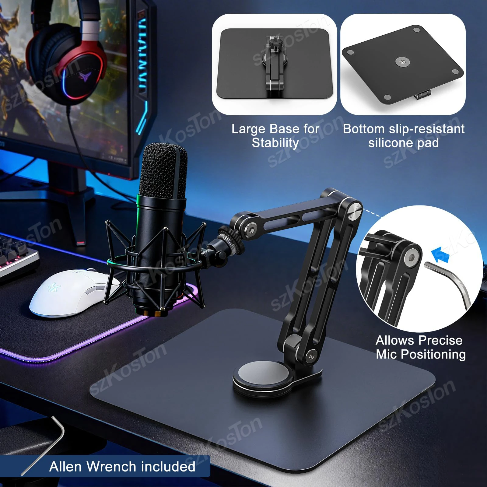 조정 가능한 마이크 스탠드 데스크탑 마운트(1/4인치 3/8인치 나사형 마이크 붐 암 포함)로 녹음, 팟캐스팅, 라이브 스트리밍, 스튜디오 작업에 적합합니다.