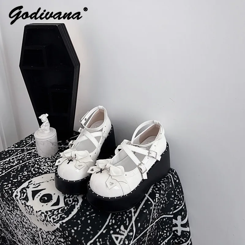 Original Design Lolita Shoes Student Sweet Cool Hot Girl Punk Thick Bottom Y2K Subculture Cross Leather Pump High Heels