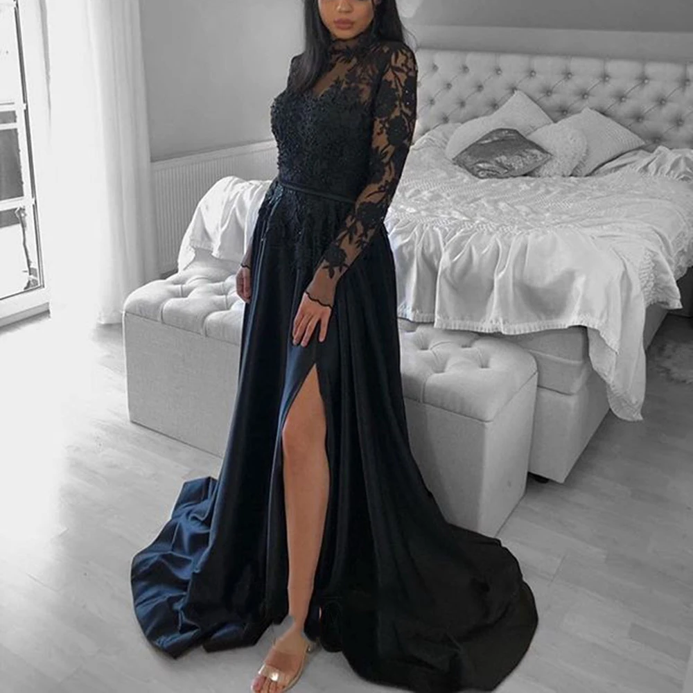 V Neck Black Lace Long Sleeves Prom Dresses With High Slit, Long Sleeves  Black Lace Formal Evening Dresses, Black Maxi Dress With Lace Sleeves