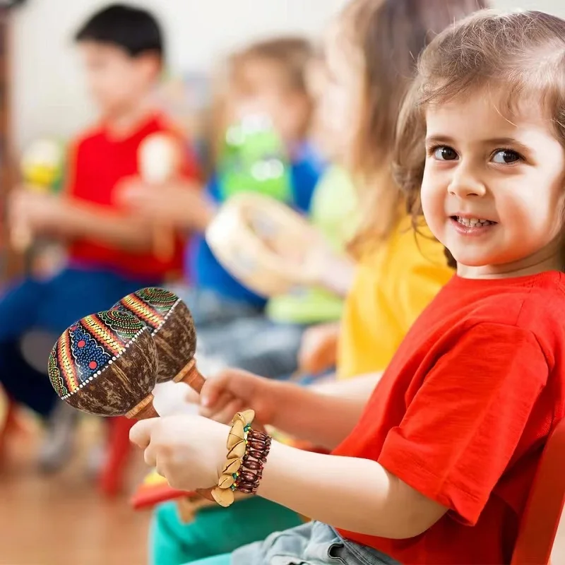 Percussion Musical Instrument Sand Hammer Educational Coconut Shell Wooden Maracas Rumba Shaker Hand Rattle Maraca For Children wooden sand hammer musical rattles