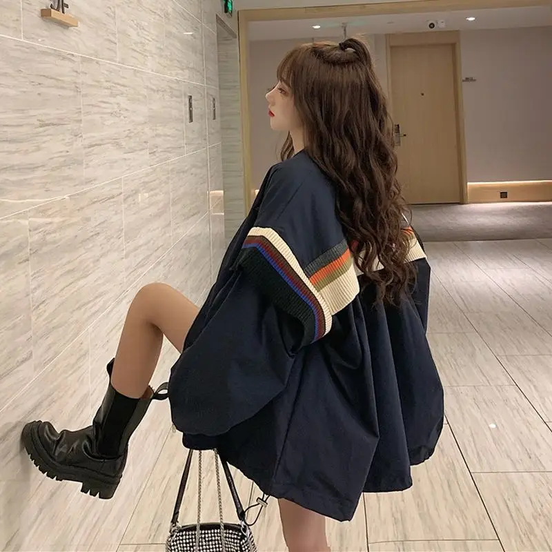 Women Chic Harajuku Retro Outerwear Basic Jackets Autumn Loose Patchwork Korean Style Zipper Casual Bf Ulzzang Style Streetwear