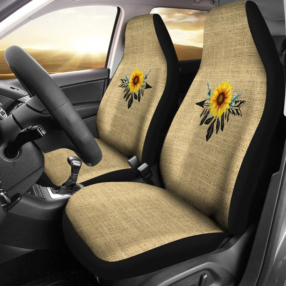 

Burlap Style Background With Sunflower Dreamcatcher Car Seat Covers Se,Pack of 2 Universal Front Seat Protective Cover