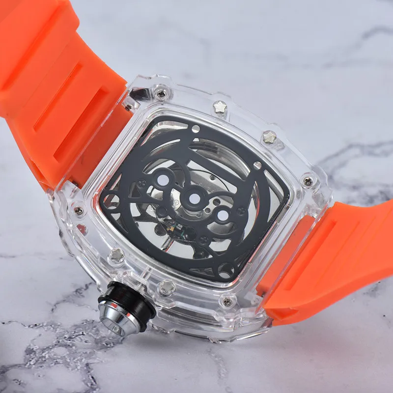 transparent 3-pin Luxury men's high quality diamond quartz watch hollow glass back stainless steel case watch black rubber