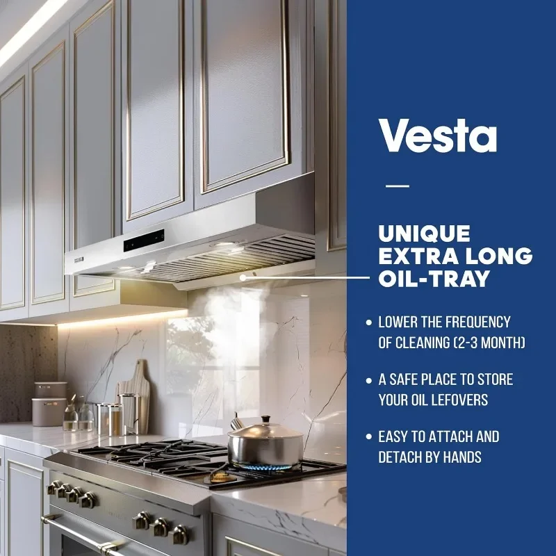 Vesta Atlanta 860CFM 30'' Stainless Steel Range Hood With Dual Motor, Auto Delay Shutoff, Contemporary Design, Pro Performance 6